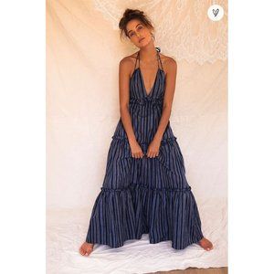 Vacay Babe Navy Blue Striped Halter Maxi D…